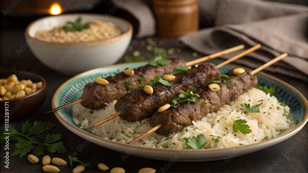 Grilled kafta kebabs served with rice and pine nuts on a plate Grilled kafta kebabs served with rice and pine nuts on a plate