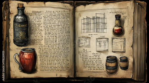 Open antique book with potion, mug, sketches, and text.