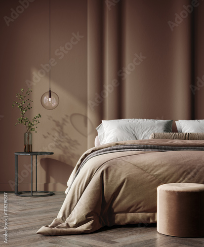 Bedroom in pastel tone Mocha Mousse color trend 2025 year panton furniture and background. Modern luxury room interior home design. 3d render