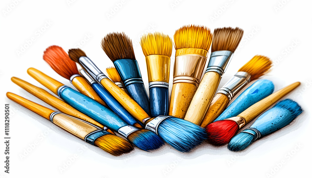 Colorful paintbrushes arranged in a fan shape on white background. Colorful paintbrushes arranged in a fan shape on white background.