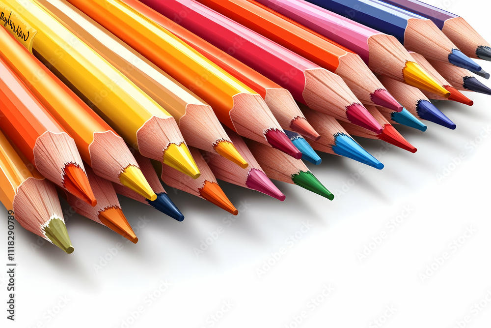 Colorful pencils arranged in a row on white background. Colorful pencils arranged in a row on white background.