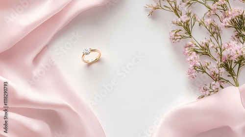 Gold engagement ring on silky pink fabric and flowers for romantic settings on Valentine’s Day
