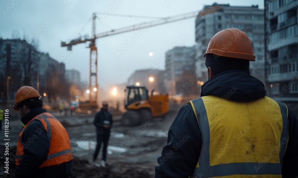 Obraz premium Construction workers at a site with machinery and a crane.