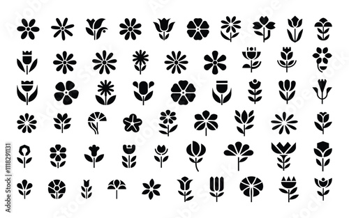 Set of Flower icons Silhouettes, Abstract botanical flower icon, vector botany floral design Cute round flower plant nature collection, Vector illustrator.

