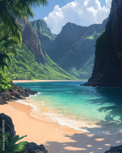 Secluded tropical beach cove with turquoise water, white sand, and lush green mountains.