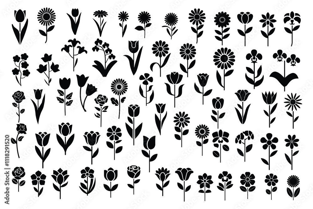 Naklejka premium Set of Flower icons Silhouettes, Abstract botanical flower icon, vector botany floral design Cute round flower plant nature collection, Vector illustrator.