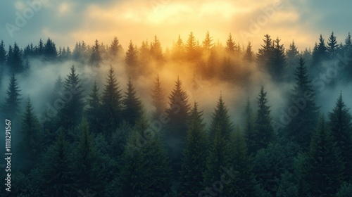 Misty Forest Landscape at Sunrise with Golden Light and Trees