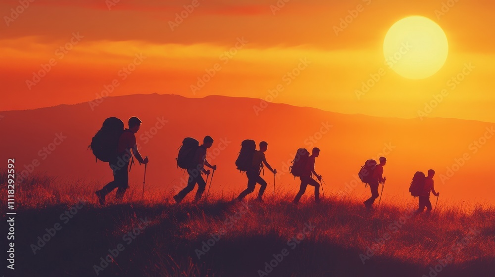 Group of young hikers with backpacks walks with backpacks and helps each other in climbing in sunset mountains Group of young hikers with backpacks walks with backpacks and helps each other in climbing in sunset mountains