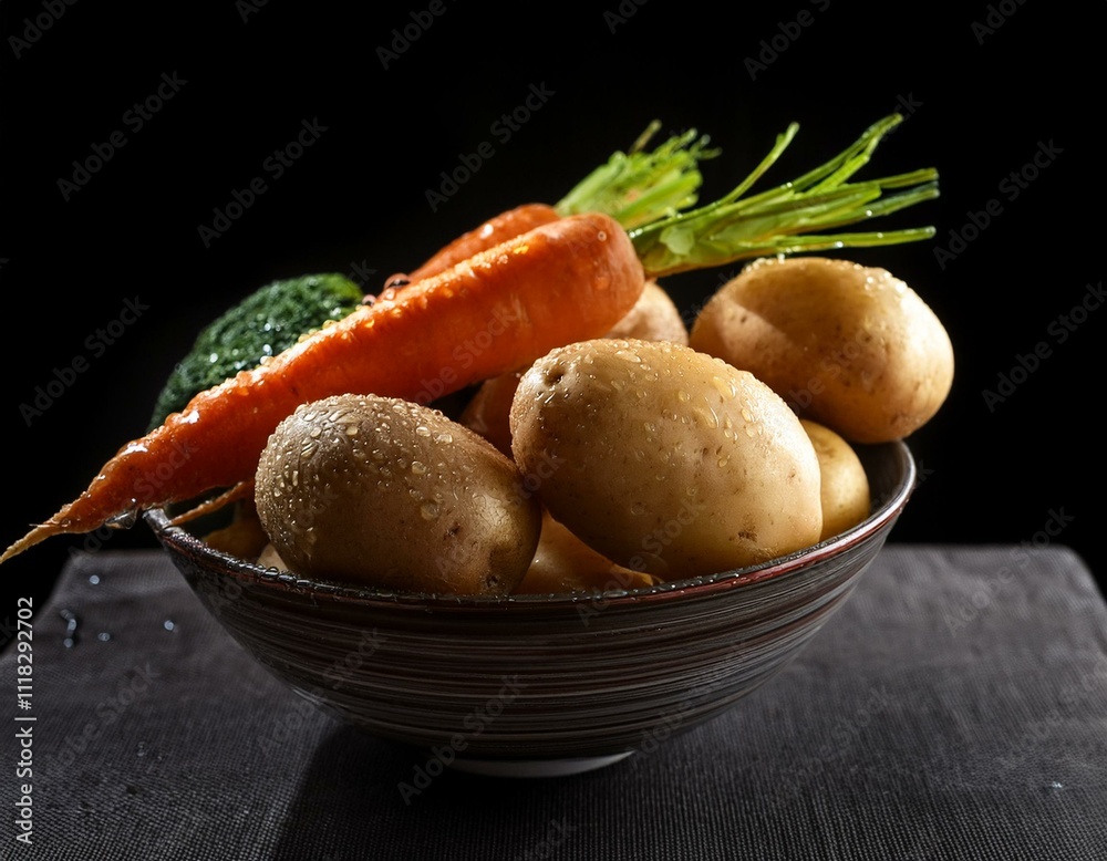 Papas y zanahorias en fuente o olla estilo rustico Papas y zanahorias en fuente o olla estilo rustico