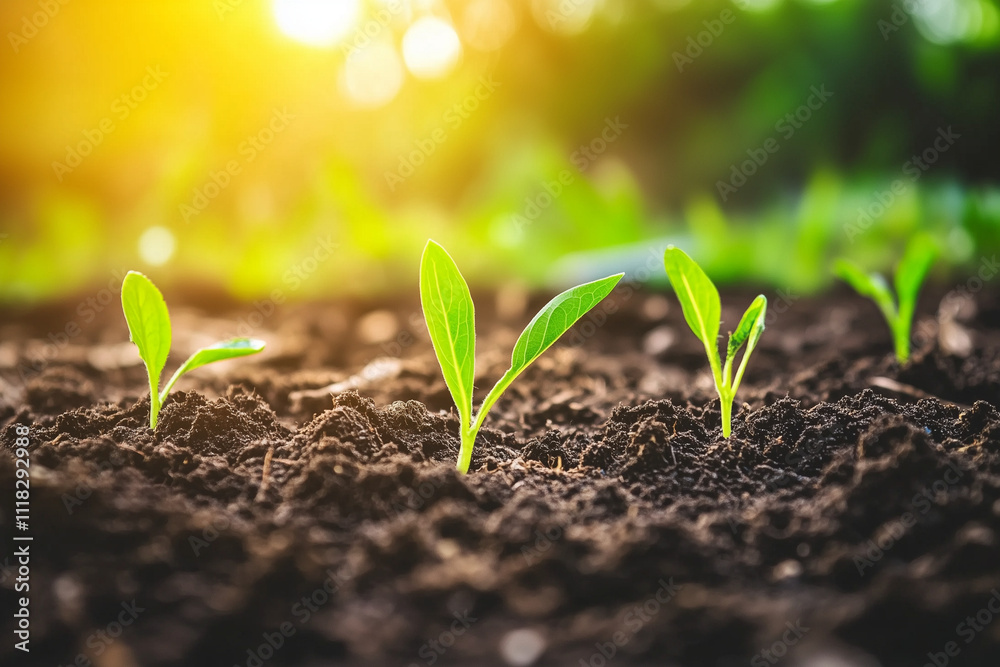 Fototapeta premium Soil in a garden with a fresh plants sprouting