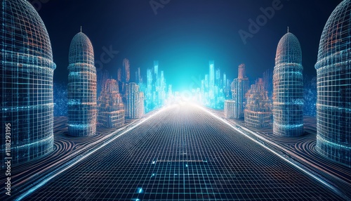 3D Wireframe Futuristic Cityscape in Pinhole Camera Perspective photo