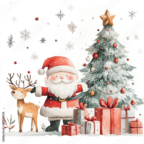 Watercolor Santa Claus and reindeer with gifts. Christmas illustration isolated on white background.