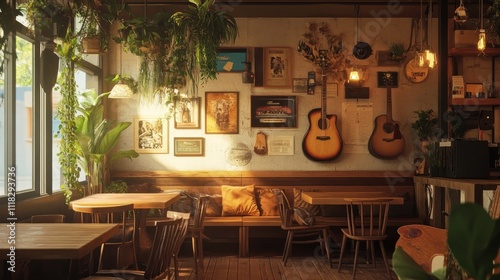 Cozy cafe interior with wooden furniture, guitars, plants, and wall art.