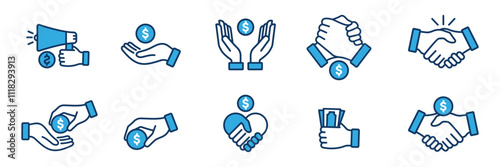 Business marketing icon set. Containing agreement, donation, handshake, partnership, money, social media, megaphone, sponsor, purchase, Vector illustration