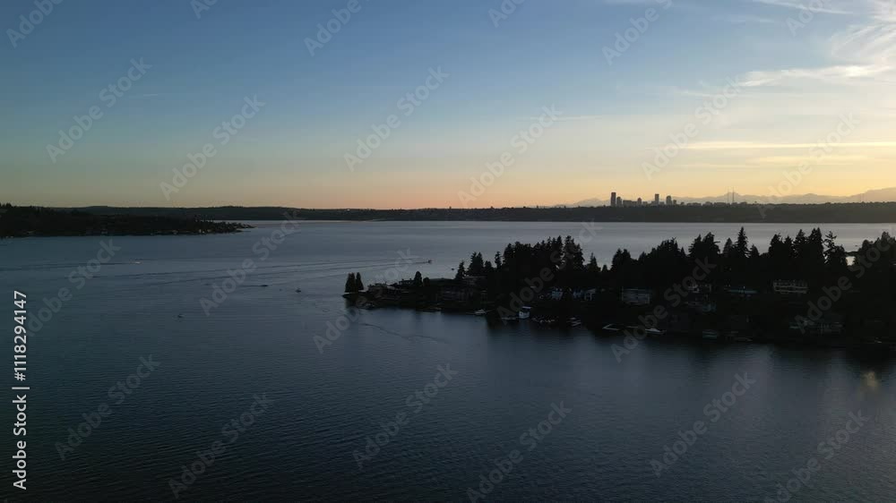 View of Lake Washington and Seattle Skyline from Bellevue Washington during blue hour sunset View of Lake Washington and Seattle Skyline from Bellevue Washington during blue hour sunset