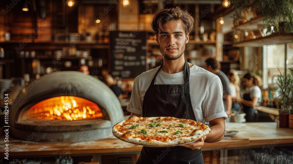 Smiling chef presenting freshly baked pizza in rustic pizzeria Smiling chef presenting freshly baked pizza in rustic pizzeria