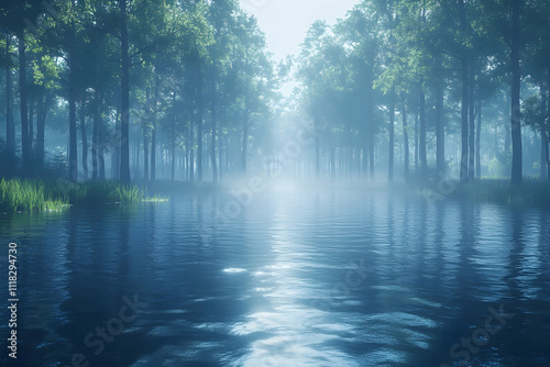 Misty forest path reflected in still water.