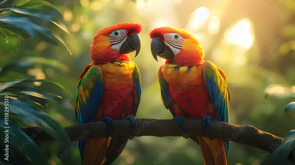 Obraz premium Two Colorful Parrots Perched on a Branch in a Tropical Forest Illustration