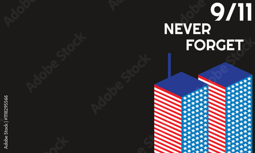 Vector conceptual illustration for Patriot Day USA poster or banner. Black background, red, blue colors.