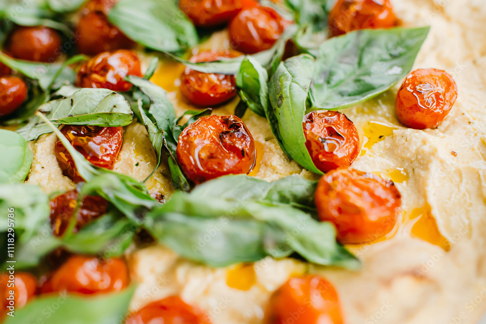 ricotta spread on artisan bread, topped with roasted cherry tomatoes and fresh basil leaves ricotta spread on artisan bread, topped with roasted cherry tomatoes and fresh basil leaves
