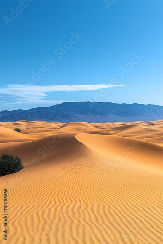 Vast desert landscape under a clear blue sky, with sand dunes and mountains in the distance.