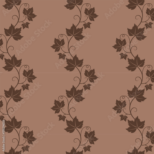 Grape vine pattern, brown chocolate vine silhouette on mocha mousse background.