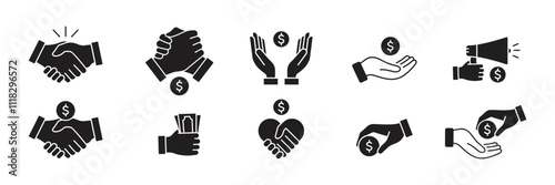 Business marketing icon set. Containing agreement, donation, handshake, partnership, money, social media, megaphone, sponsor, purchase, Vector illustration
