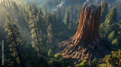 Aerial View of a Majestic Giant Sequoia Tree in Dense Forest