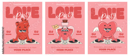 Valentine's party invitation set with groovy cartoon characters as a DJ. Heart, love potion. Design for flyer, greeting card, banner, poster. Love concept.