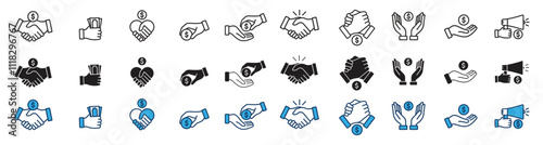 Business marketing icon set. Containing agreement, donation, handshake, partnership, money, social media, megaphone, sponsor, purchase, Vector illustration