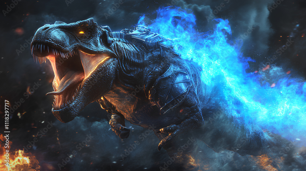 t-rex with blue flames on its body t-rex with blue flames on its body