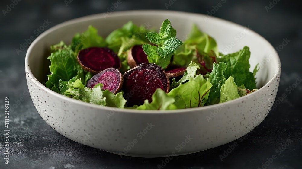 A minimal salad bowl with just a few roasted beets on a bed of greens, accented by a single sprig of mint A minimal salad bowl with just a few roasted beets on a bed of greens, accented by a single sprig of mint