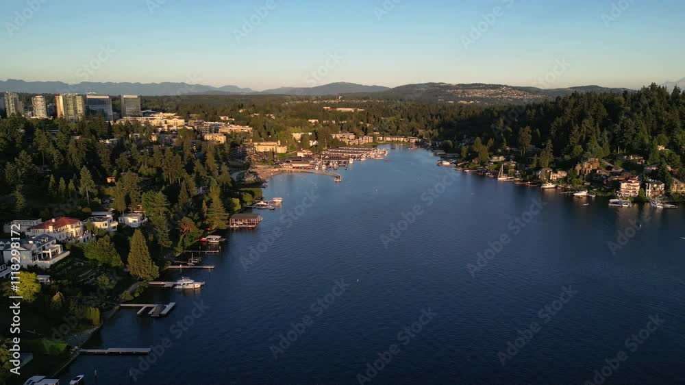Aerial Drone view of Meydenbauer Bay and Bellevue skyline from lake Washington. Aerial Drone view of Meydenbauer Bay and Bellevue skyline from lake Washington.