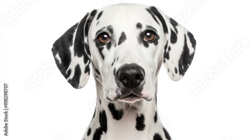 A close-up of a Dalmatian, with information about its history and suitability as a family pet displayed alongside.