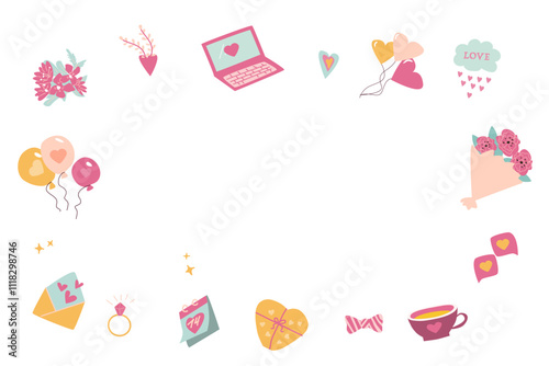 Colorful assortment of hearts and love symbols in a circular frame.