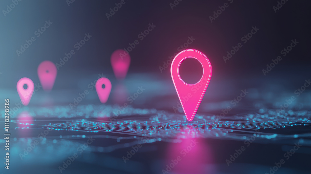 Digital map with glowing pink location markers and network lines Digital map with glowing pink location markers and network lines