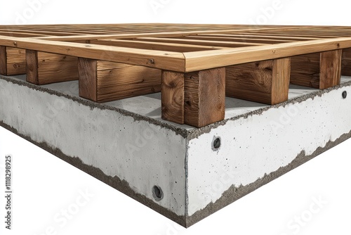 Elevated wooden deck platform on concrete foundation. photo