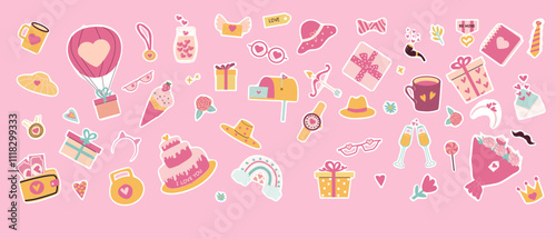 Cute valentine's day icons on pink background with balloons, gifts, and hearts.