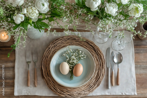 Cozy Easter table setting with natural elements and seasonal decorations photo