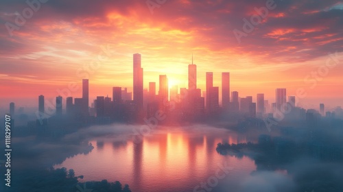 Vibrant sunrise over misty city skyline reflected in calm water.