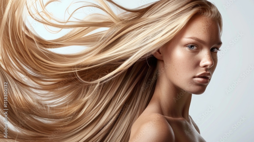 Flowing Golden Hair Beauty - Portrait of Young Woman with Luxurious Blonde Locks Flowing Golden Hair Beauty - Portrait of Young Woman with Luxurious Blonde Locks
