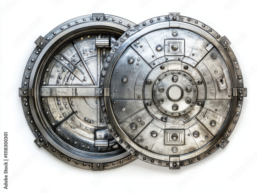Metallic Vault Door with Intricate Design and Rivets, Symbolizing Security and Protection in a Modern Context, Isolated on a White Background Metallic Vault Door with Intricate Design and Rivets, Symbolizing Security and Protection in a Modern Context, Isolated on a White Background