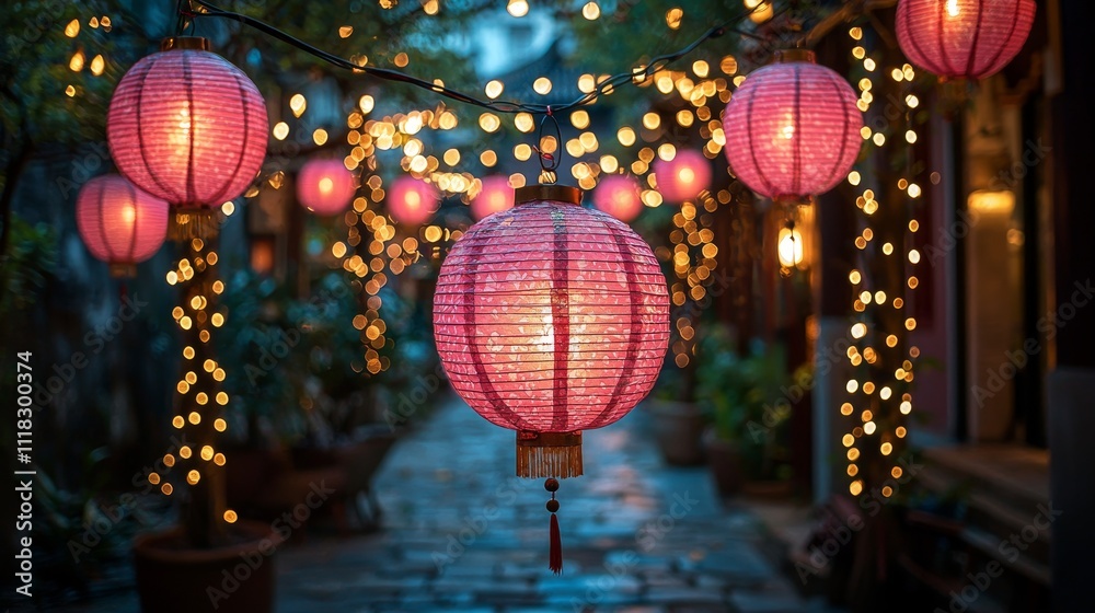 Fototapeta premium Vibrant pink lanterns illuminating a charming street at night