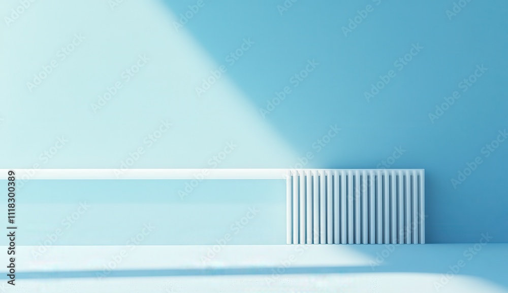 Obraz premium Minimalist Interior with Blue Wall and White Radiator in Sunlight, Soft Shadows Casting, Modern Design Aesthetic, Contemporary Home Decor Inspiration