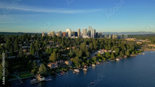 Aerial Drone View of Bellevue skyline on a clear summer day from lake Washington  
