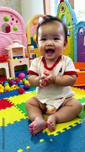 A cheerful Asian toddler clapping their hands with a big, joyful smile, sitting in a colorful playroom filled with toys