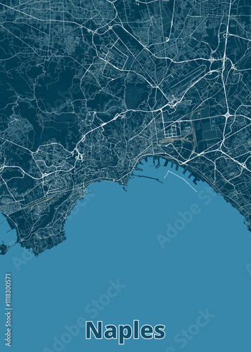 This is a detailed map of Naples, Italy, showcasing the city's layout and street network. The map is rendered in a minimalist style with white lines representing roads and a dark blue background