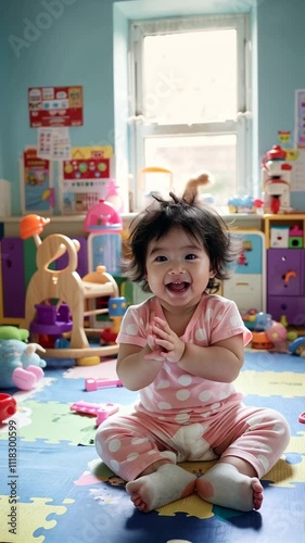 A cheerful Asian toddler clapping their hands with a big, joyful smile, sitting in a colorful playroom filled with toys
