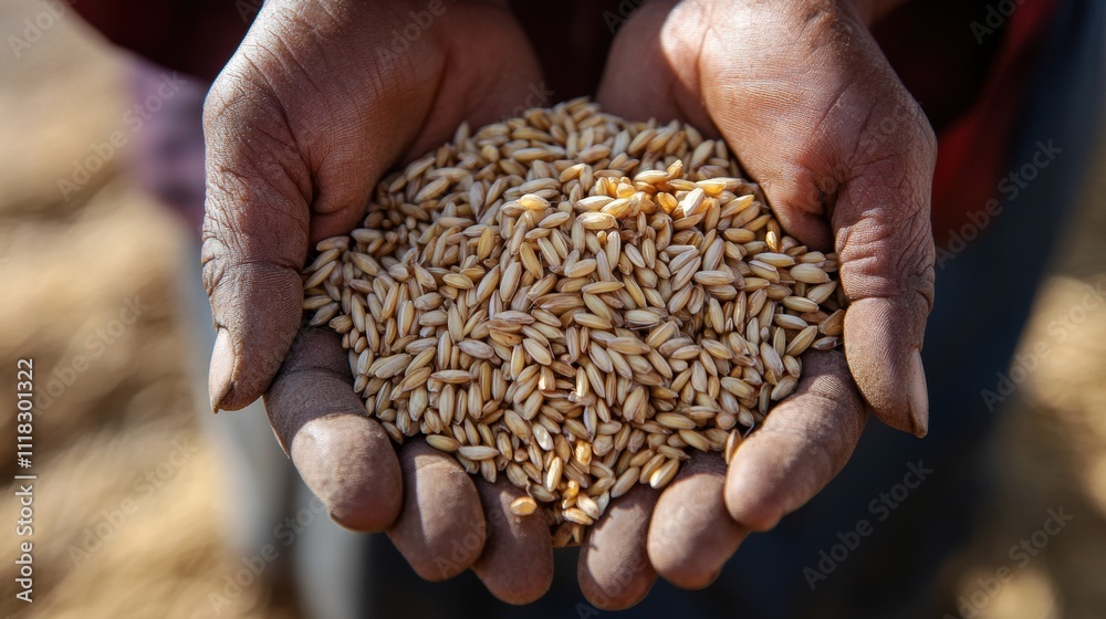 Hands Holding Ripe Paddy Grains in Bright Sunlight Hands Holding Ripe Paddy Grains in Bright Sunlight