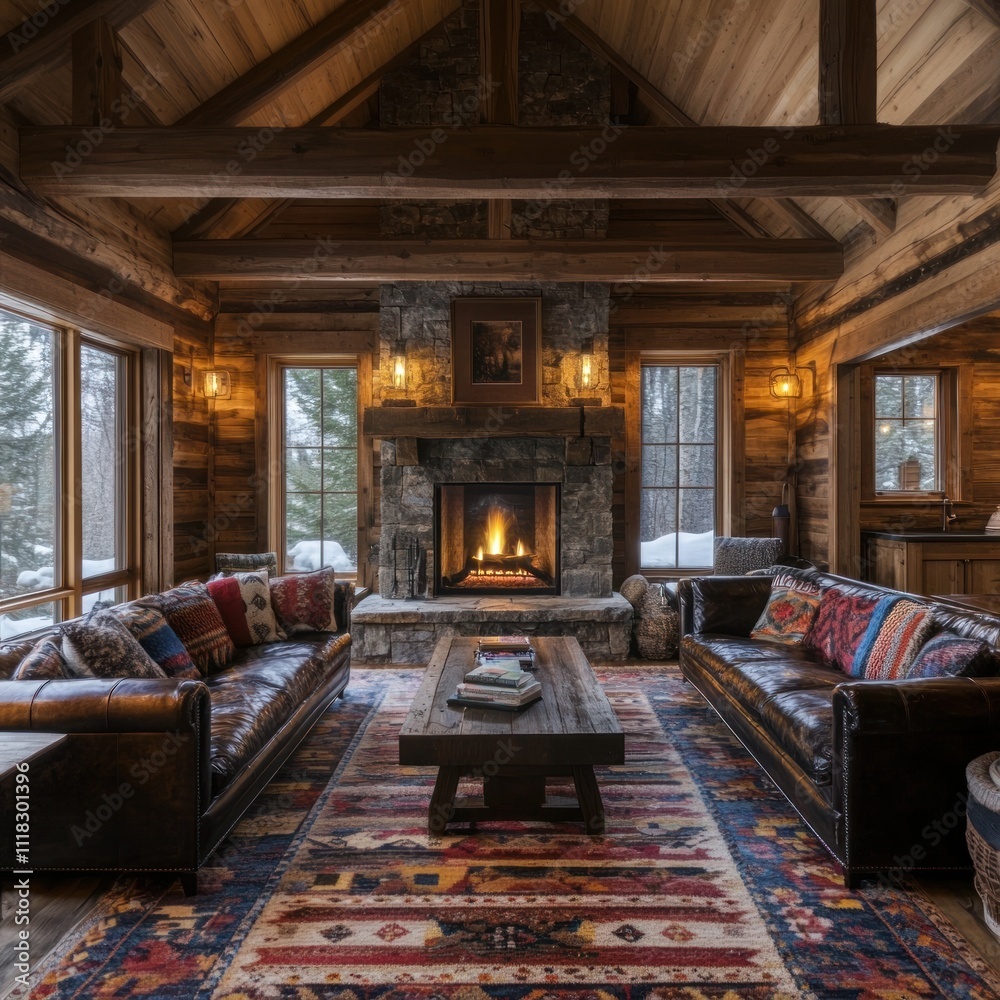 Cozy rustic living room with stone fireplace, leather sofas, and area rug. Cozy rustic living room with stone fireplace, leather sofas, and area rug.